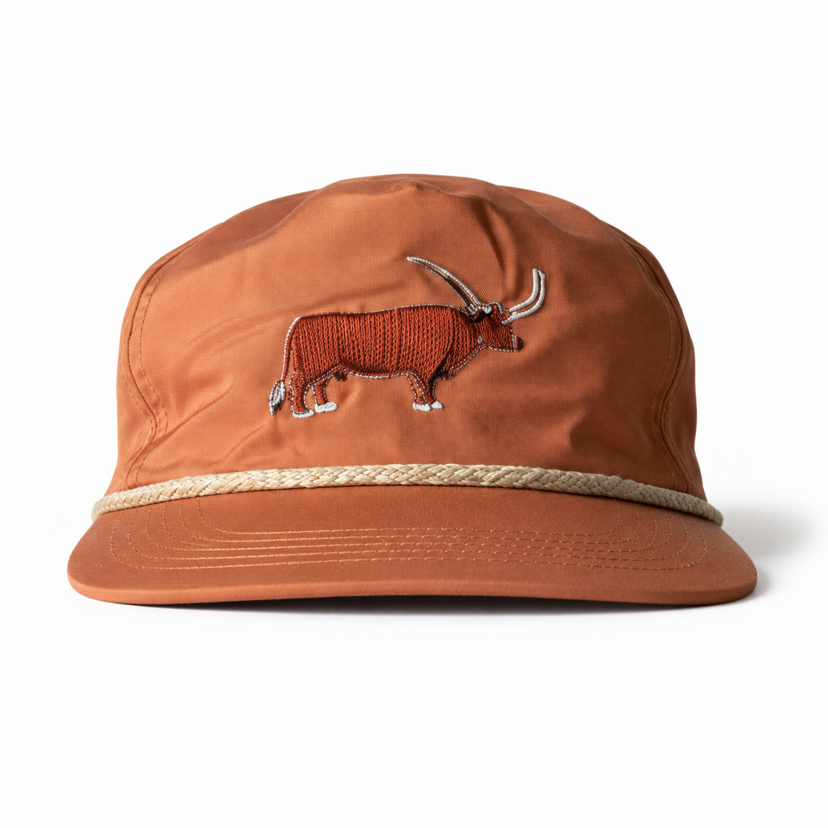 Lischka Brothers burnt orange Longhorn rope cap, full front view with cream rope and embroidered longhorn