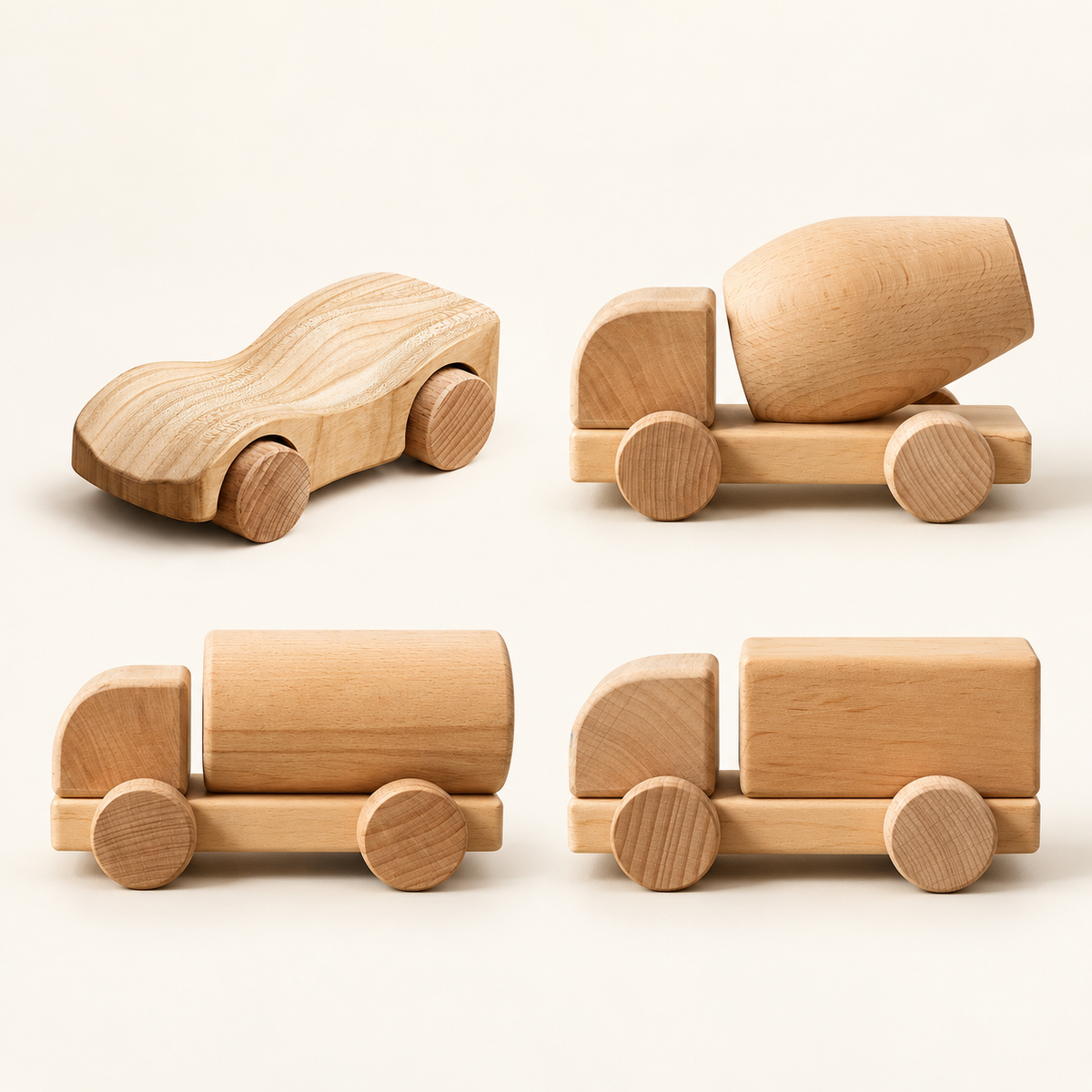 Four Liswood wooden vehicle choices: Makwin Car, Concrete Truck, Gasoline Truck and Truck. One selected vehicle sold individually.