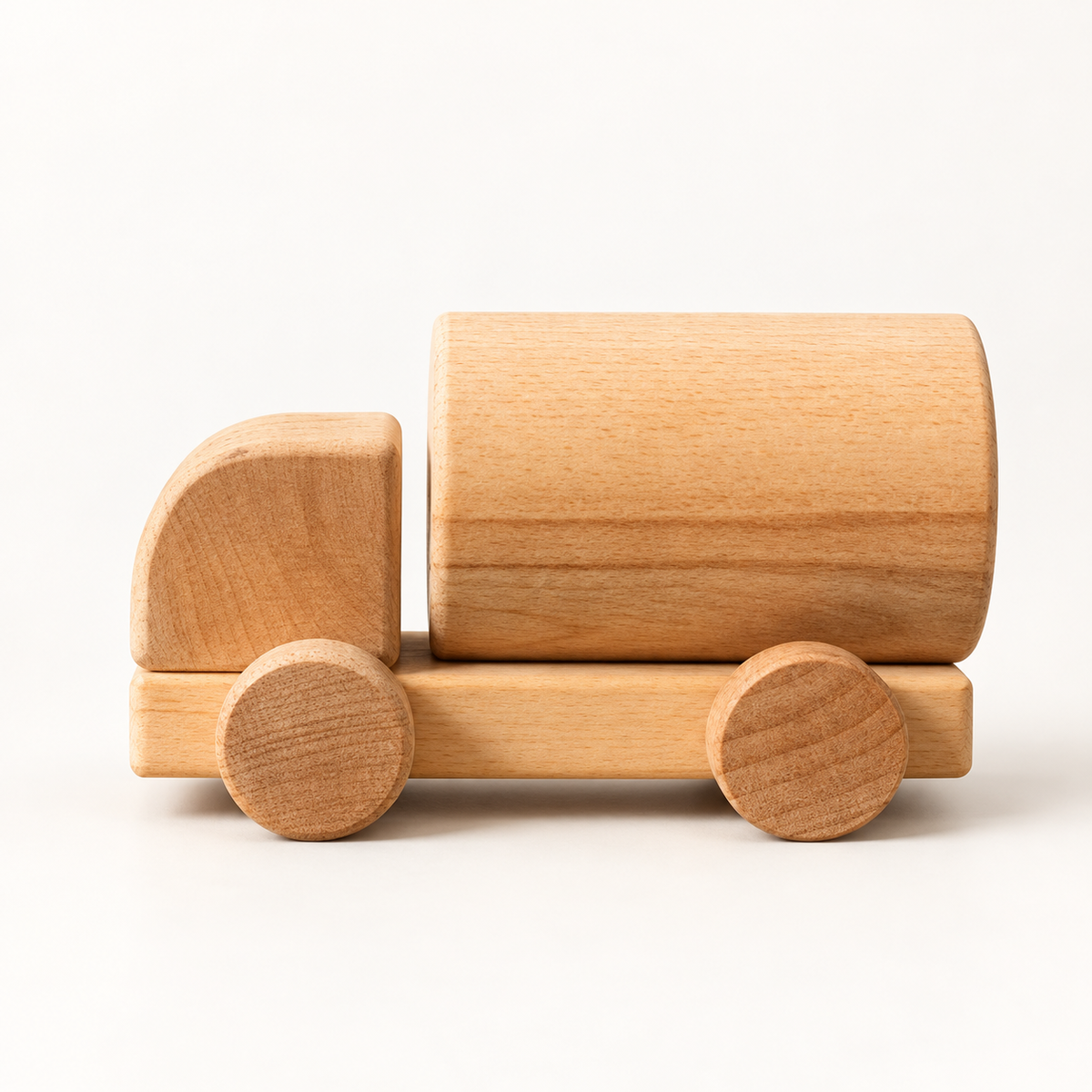 Liswood unpainted wooden gasoline tanker on a warm white background, side view.