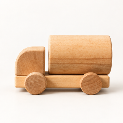 Liswood unpainted wooden gasoline tanker on a warm white background, side view.