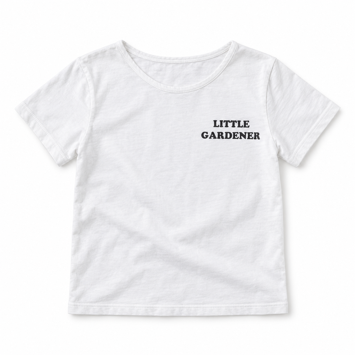 White Little Gardener kids tee, front studio view with narrow scoop neckline and black left-chest lettering