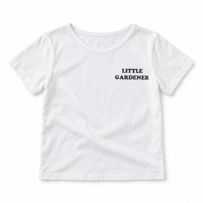 White Little Gardener kids tee, front studio view with narrow scoop neckline and black left-chest lettering