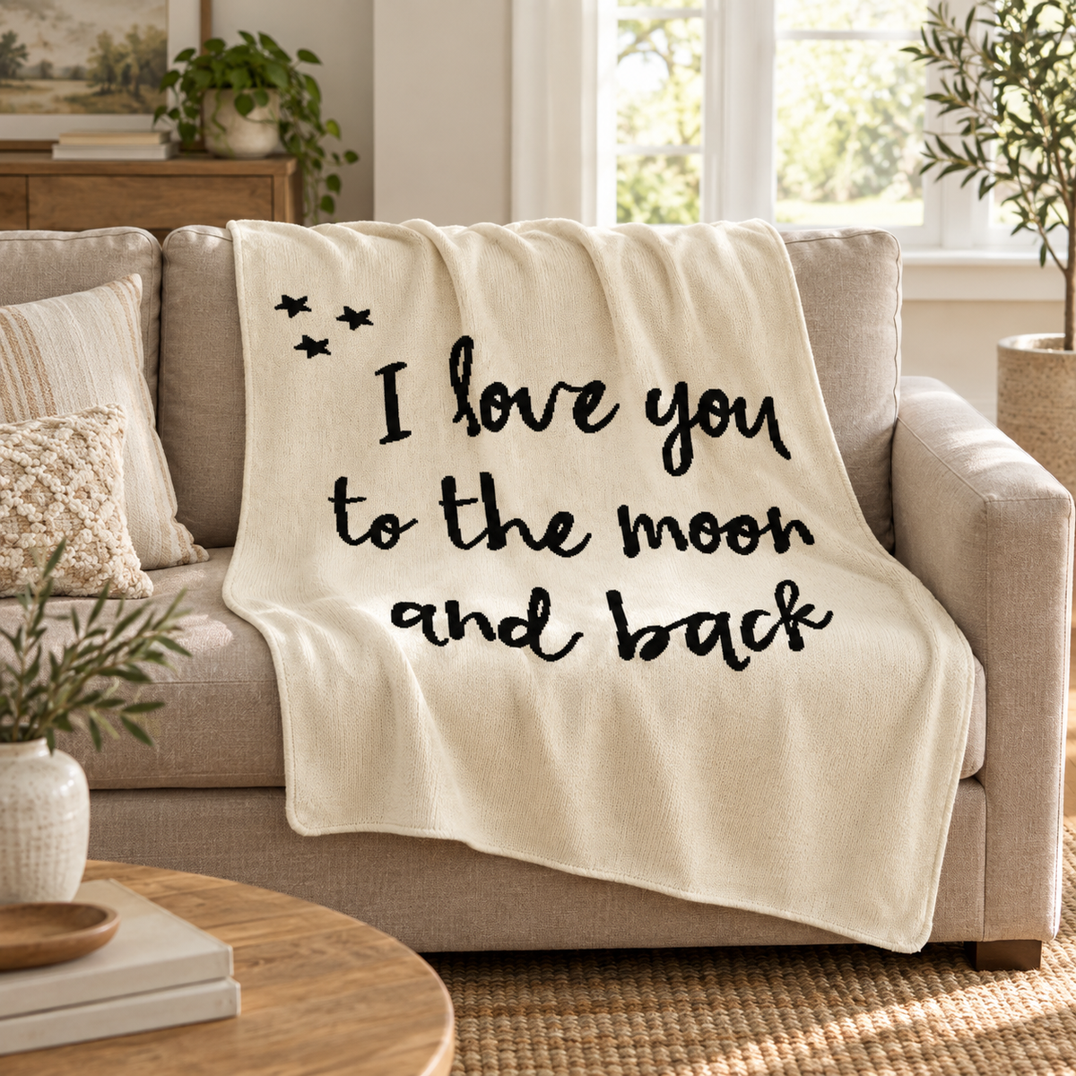 Love You to the Moon and Back recycled cotton blanket — Natural throw draped on a taupe sofa
