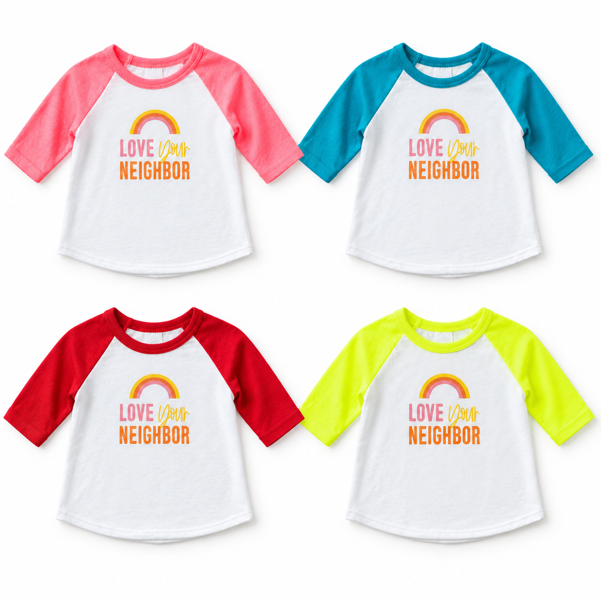 Four Love Your Neighbor baseball tee colorways at matching scale: pink, blue, red and yellow; studio rendering; each sold separately