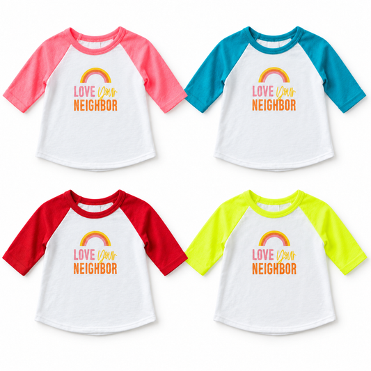 Four Love Your Neighbor baseball tee colorways at matching scale: pink, blue, red and yellow; studio rendering; each sold separately