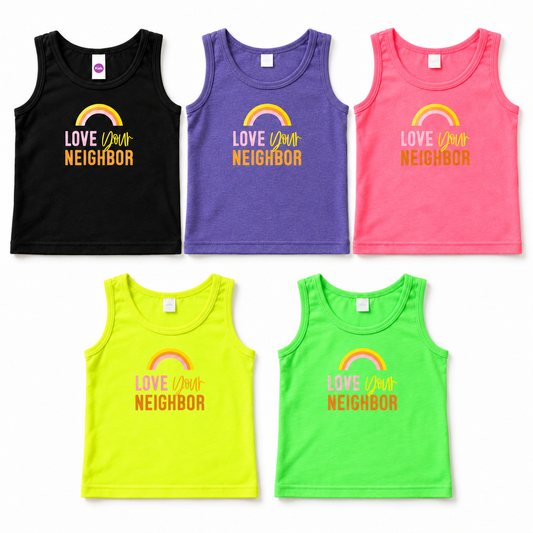 Five Love Your Neighbor smooth jersey kids tank colorways at matching scale: black, purple, pink, yellow and green; studio rendering; each sold separately
