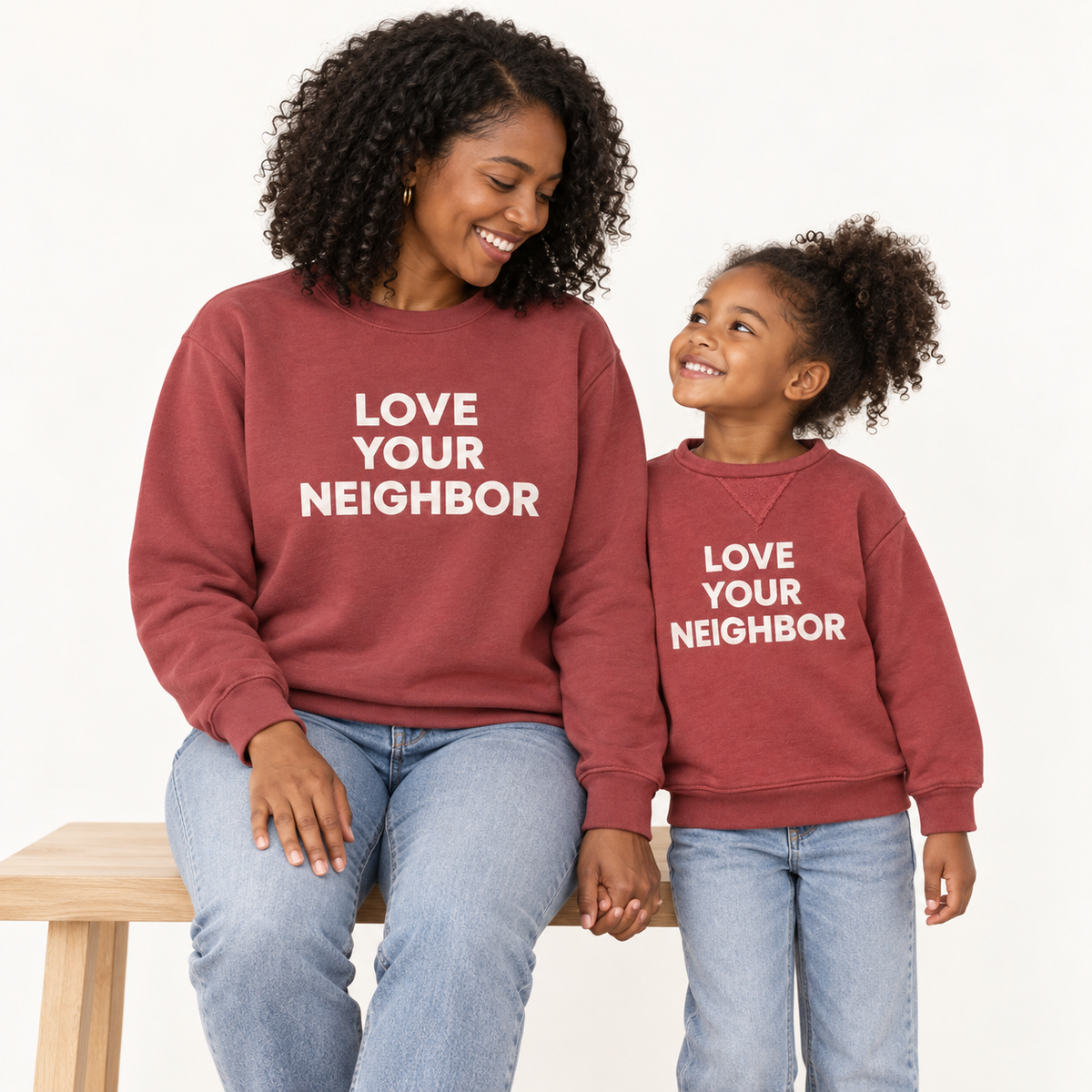 Mama and mini wearing coordinating love your neighbor marsala styles — studio rendering