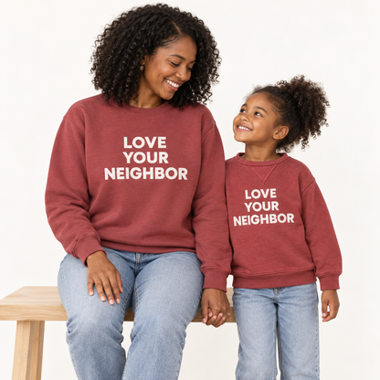 Mama and mini wearing coordinating love your neighbor marsala styles — studio rendering