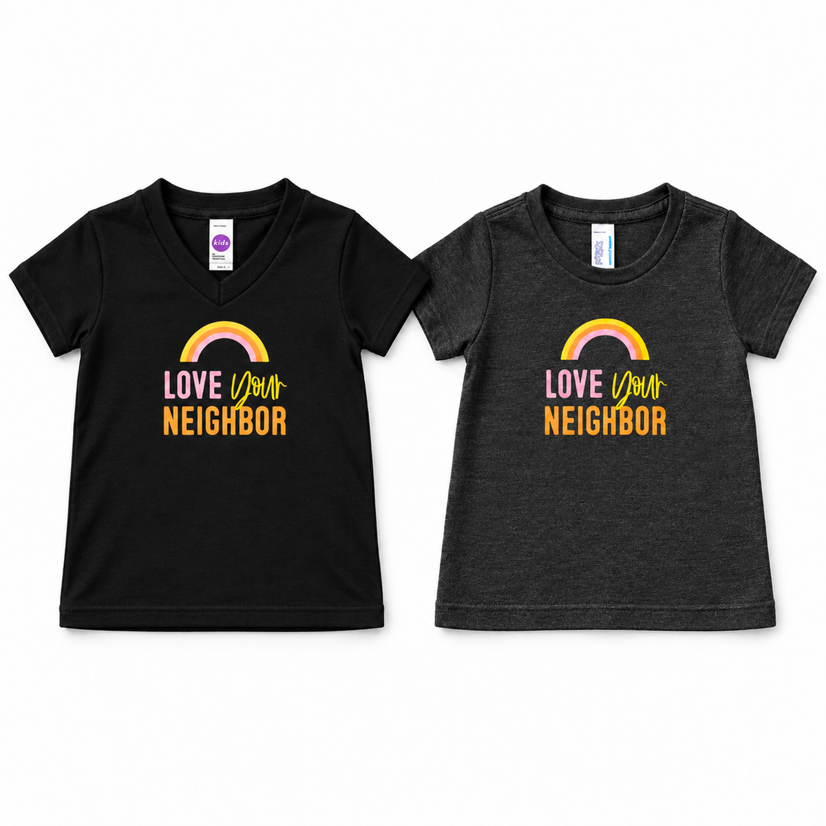 Love Your Neighbor tees: black V-neck and charcoal gray crewneck, shown at comparable display scale. Each sold separately.