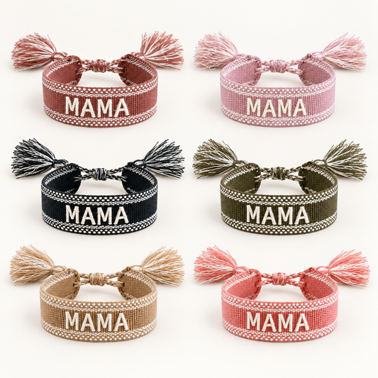 MAMA woven bracelets in Rose, Light Pink, Black, Natural, Rattan and Coral. Sold separately.