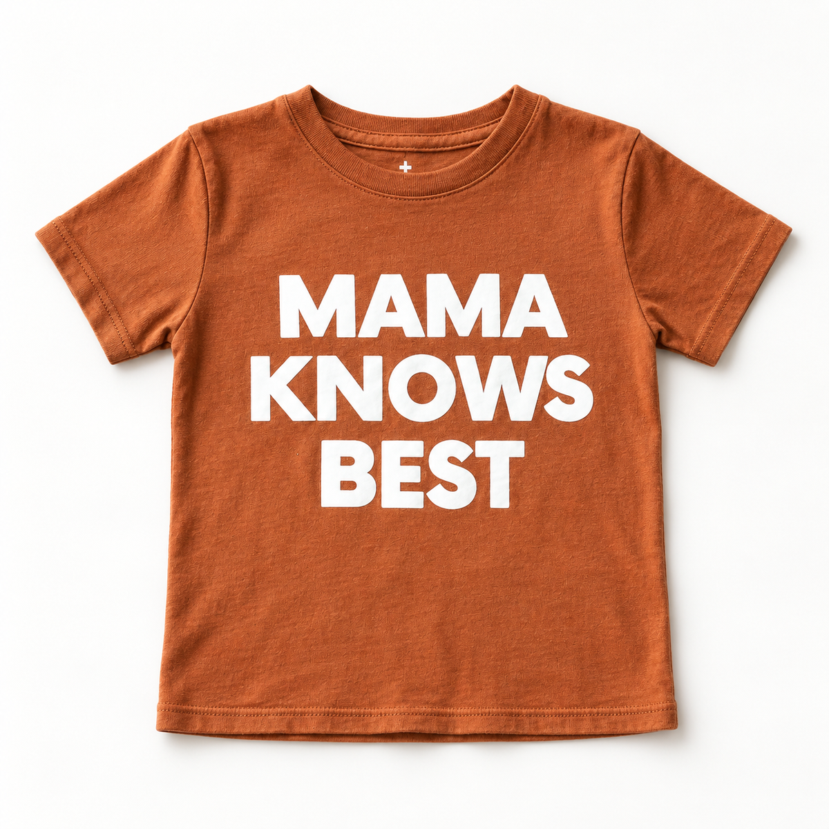 Mama Knows Best kids crewneck tee in Sunburn, front studio view