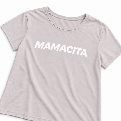 Mamacita organic women's tee, neckline and hemmed sleeve detail