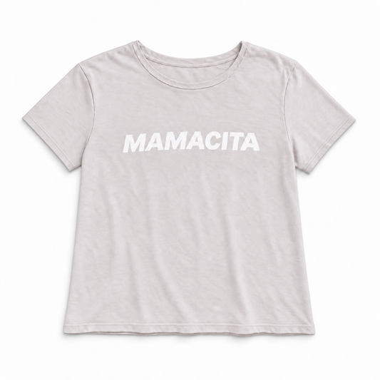 Mamacita organic women's tee with hemmed sleeves, front studio view