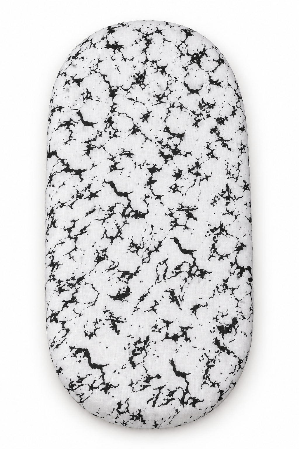 Marble organic bassinet and small changing pad sheet shown fitted on a pad against white.