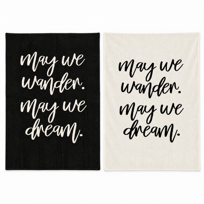 May We Wander recycled cotton blanket — Black and Natural blankets shown at matching scale