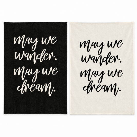 May We Wander recycled cotton blanket — Black and Natural blankets shown at matching scale