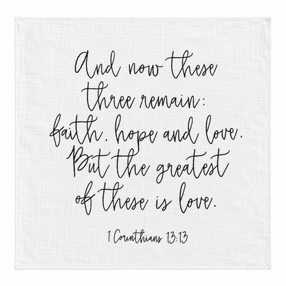 1 Corinthians 13:13 Scripture Swaddle + Wall Art shown fully open and flat on a white background.