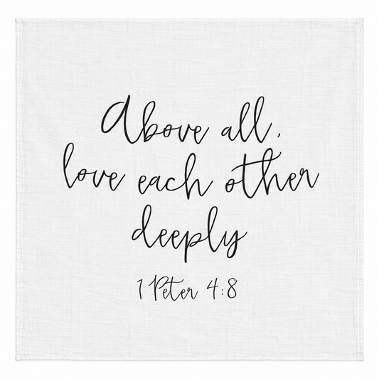 1 Peter 4:8 Scripture Swaddle + Wall Art shown fully open and flat on a white background.