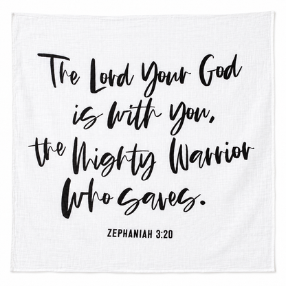 Modern Burlap “The Lord your God is with you” Scripture swaddle shown fully open and flat on a white background.