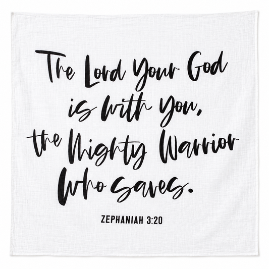 Modern Burlap “The Lord your God is with you” Scripture swaddle shown fully open and flat on a white background.