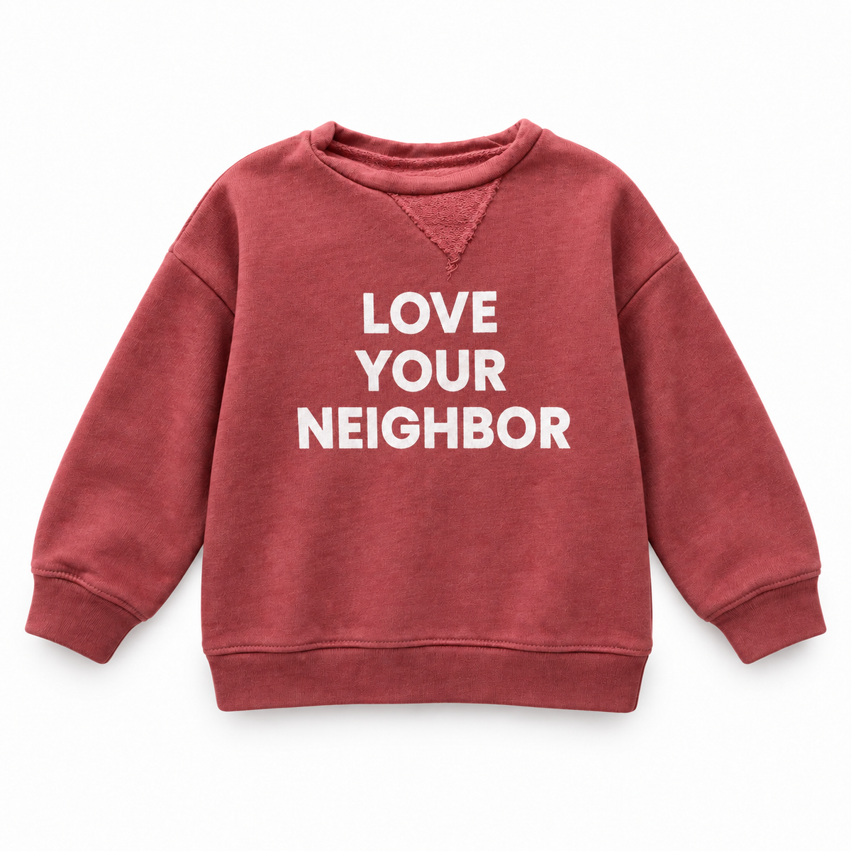 Love Your Neighbor Kids Sweatshirt, full front studio view on white