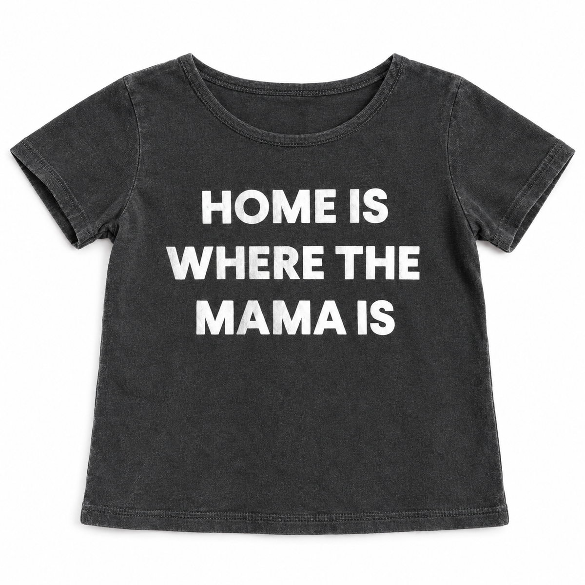 Home Is Where the Mama Is Organic Kids Scoop Neck Tee | Charcoal — front studio view