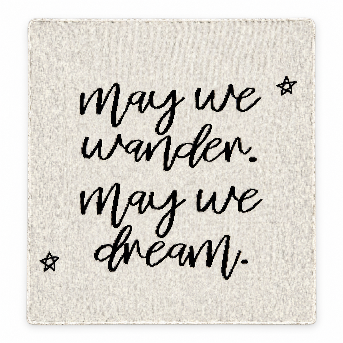 One-of-a-kind sample throw blanket — May We Wander May We Dream | Natural | Script. Design reference; approximately 30 x 40 inches, made in the USA.