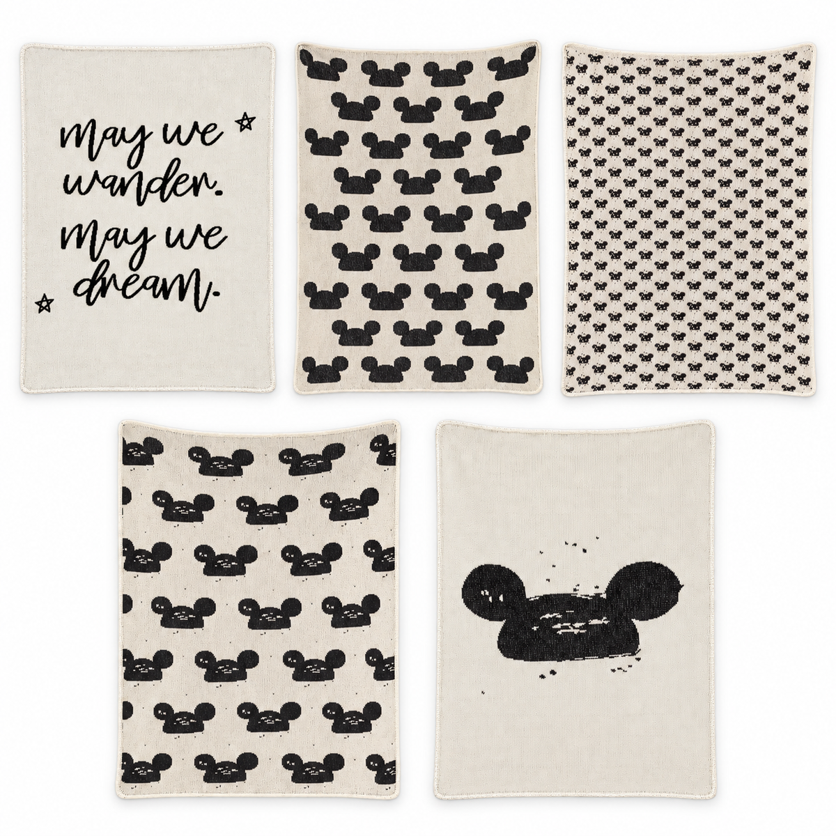 One-of-a-kind sample throw blankets, made in the USA, 30 x 40 inches. Group design reference showing all five choices. Choose one; each blanket sold separately.