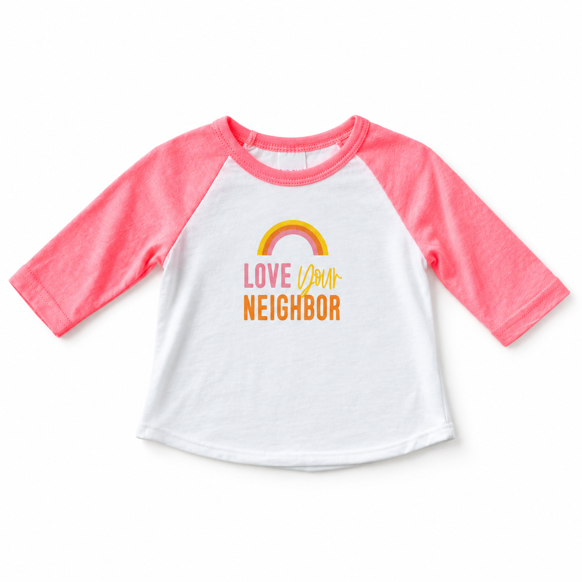 Love Your Neighbor pink sleeve baseball tee, studio rendering
