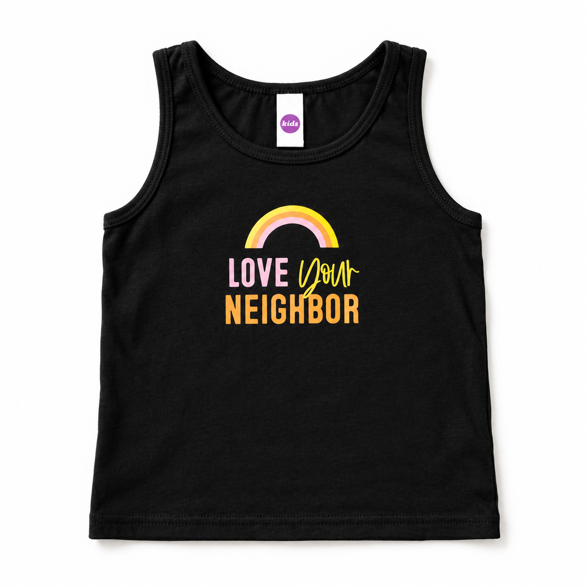 Love Your Neighbor black smooth jersey kids tank, studio rendering; ribbed infant variant differs