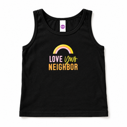 Love Your Neighbor black smooth jersey kids tank, studio rendering; ribbed infant variant differs
