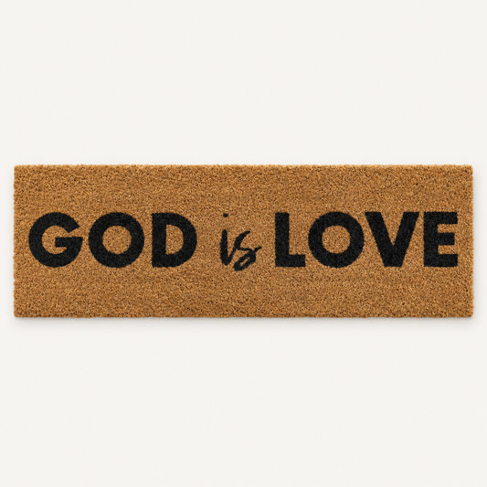 God Is Love | XL Christian Doormat shown alone on a warm off-white studio background.