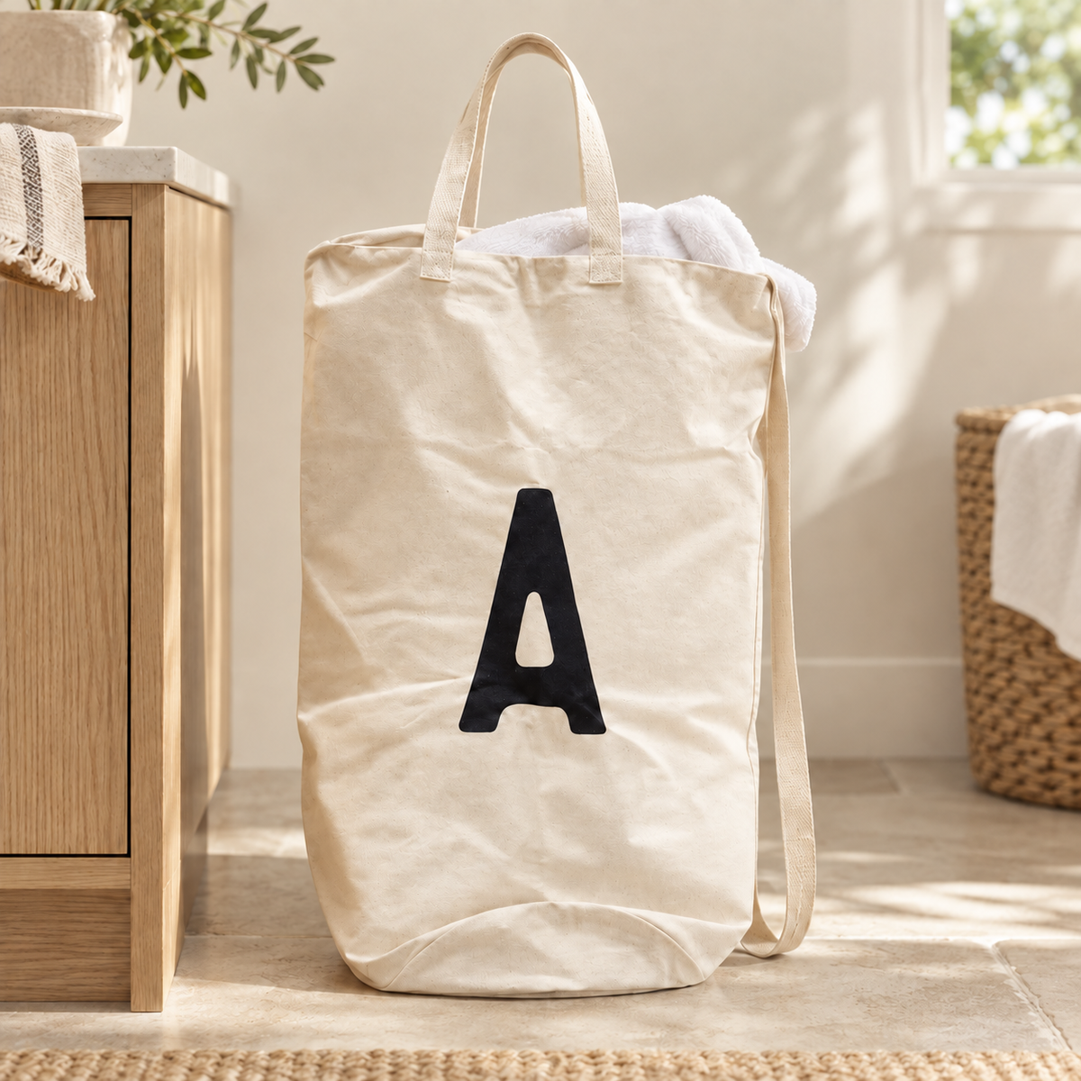 A initial cotton canvas bag in a bright laundry room