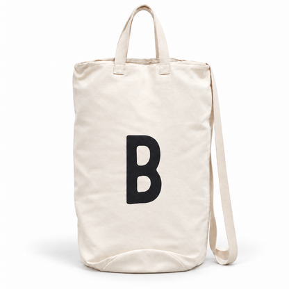 Modern Burlap initial canvas bag, letter B, front studio view