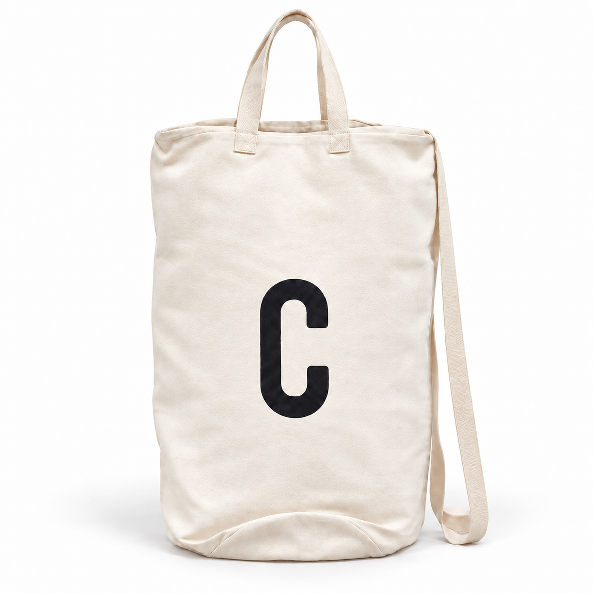 Modern Burlap initial canvas bag, letter C, front studio view