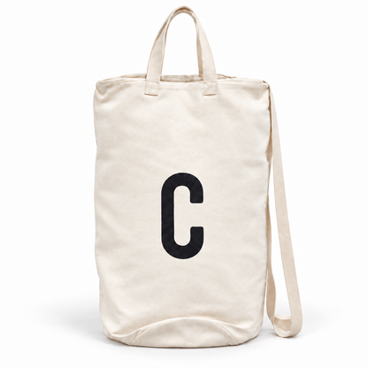 Modern Burlap initial canvas bag, letter C, front studio view