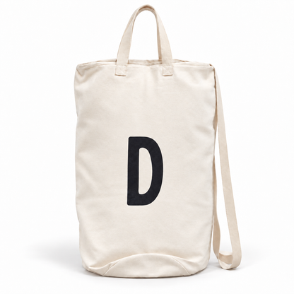 Modern Burlap initial canvas bag, letter D, front studio view