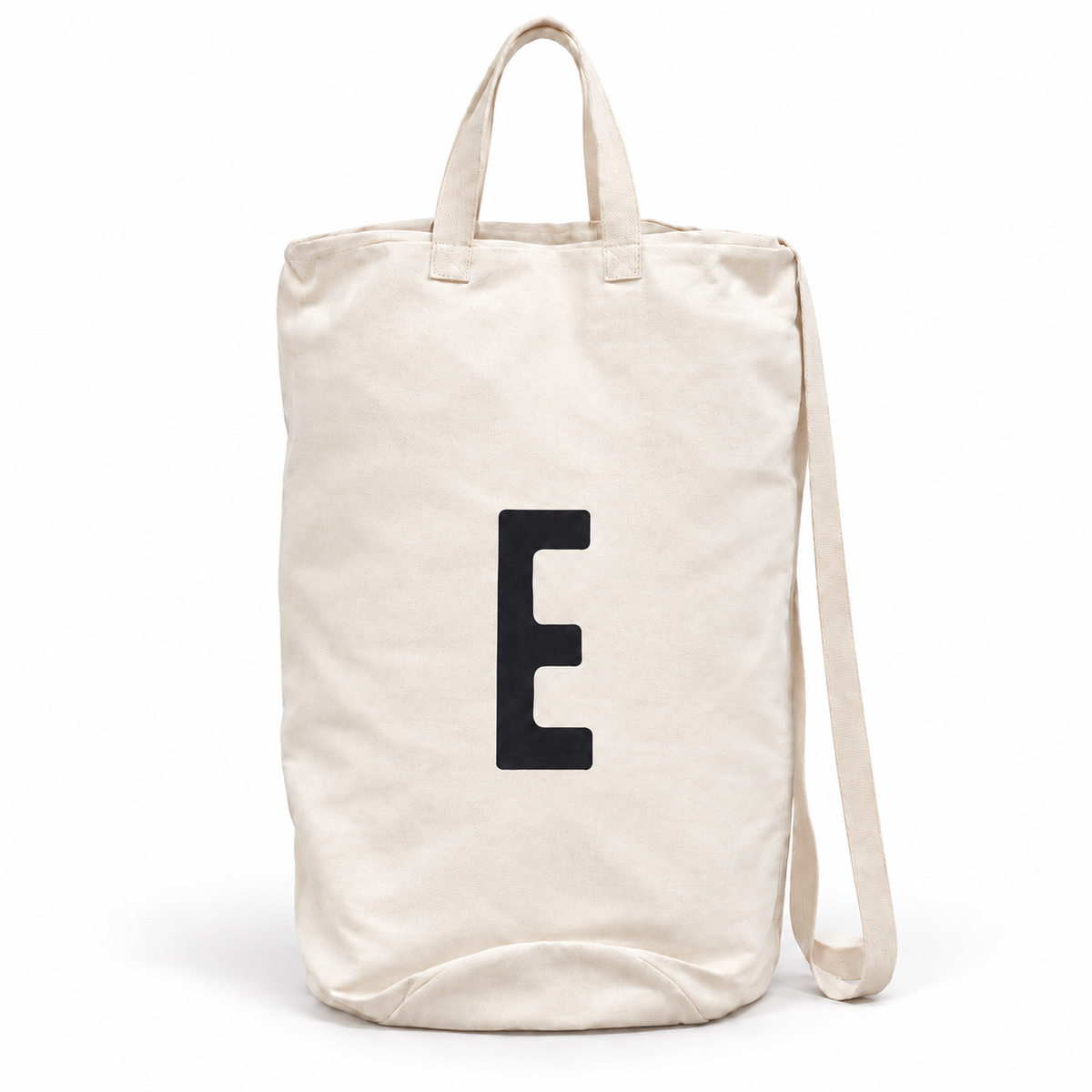 Modern Burlap initial canvas bag, letter E, front studio view