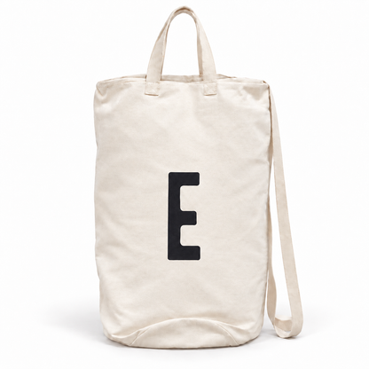 Modern Burlap initial canvas bag, letter E, front studio view