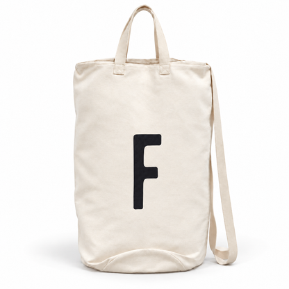 Modern Burlap initial canvas bag, letter F, front studio view