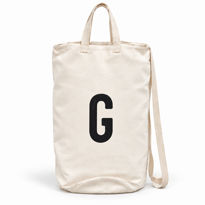 Modern Burlap initial canvas bag, letter G, front studio view