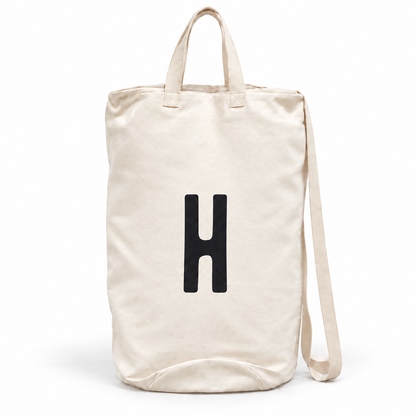 Modern Burlap initial canvas bag, letter H, front studio view