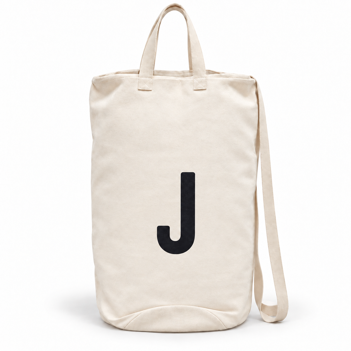 Modern Burlap initial canvas bag, letter J, front studio view