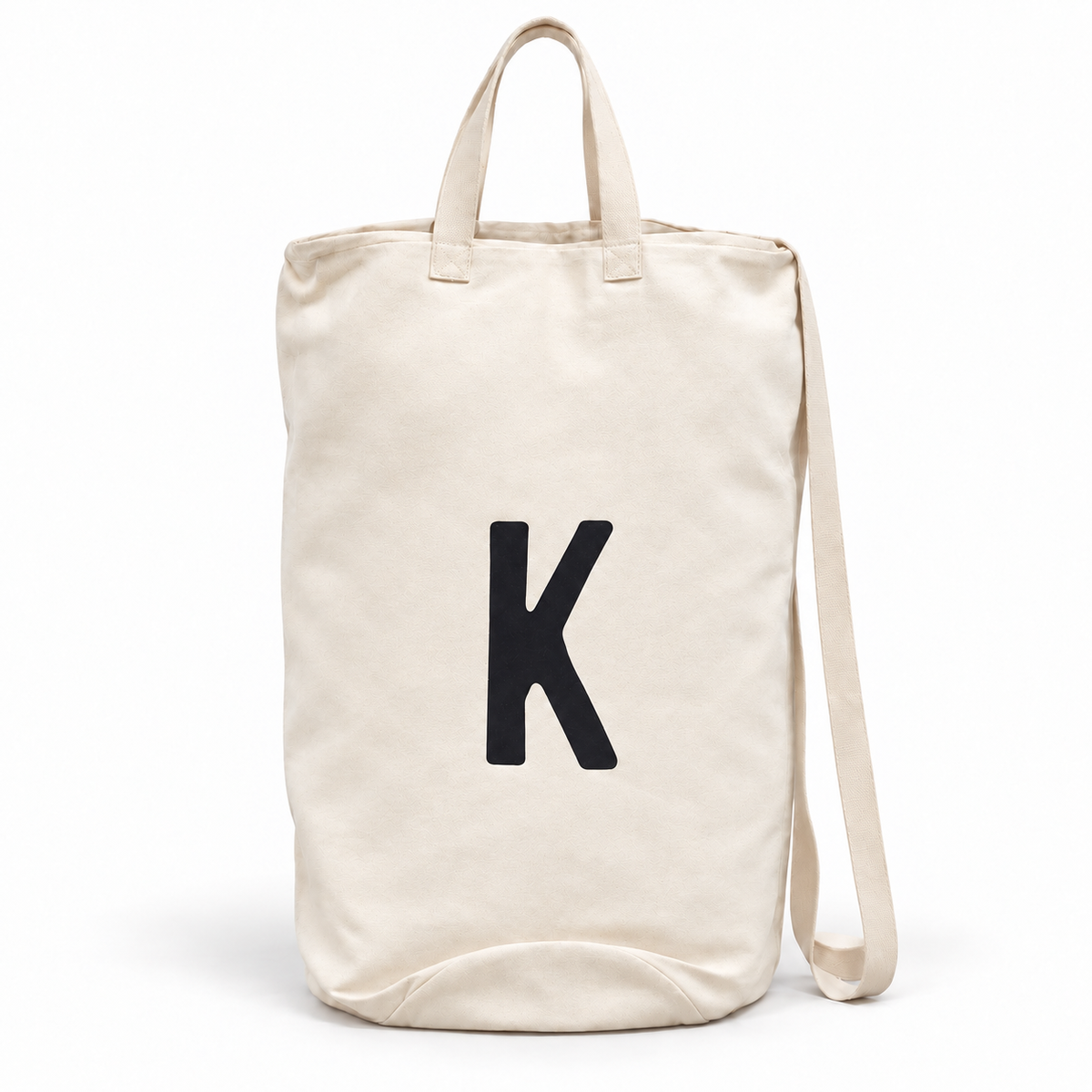 Modern Burlap initial canvas bag, letter K, front studio view