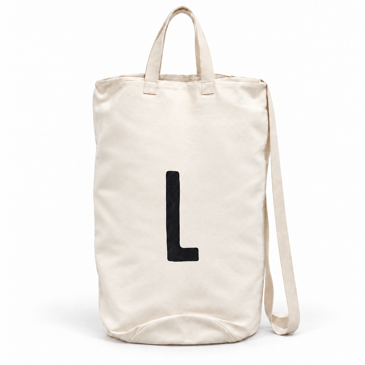 Modern Burlap initial canvas bag, letter L, front studio view