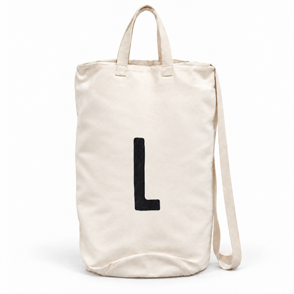 Modern Burlap initial canvas bag, letter L, front studio view