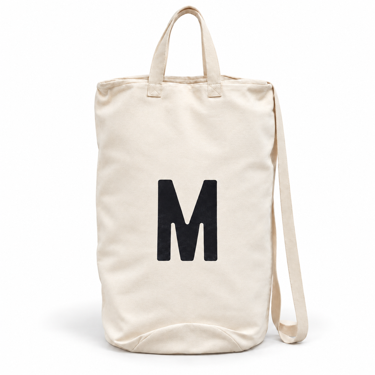 Modern Burlap initial canvas bag, letter M, front studio view