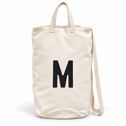 Modern Burlap initial canvas bag, letter M, front studio view