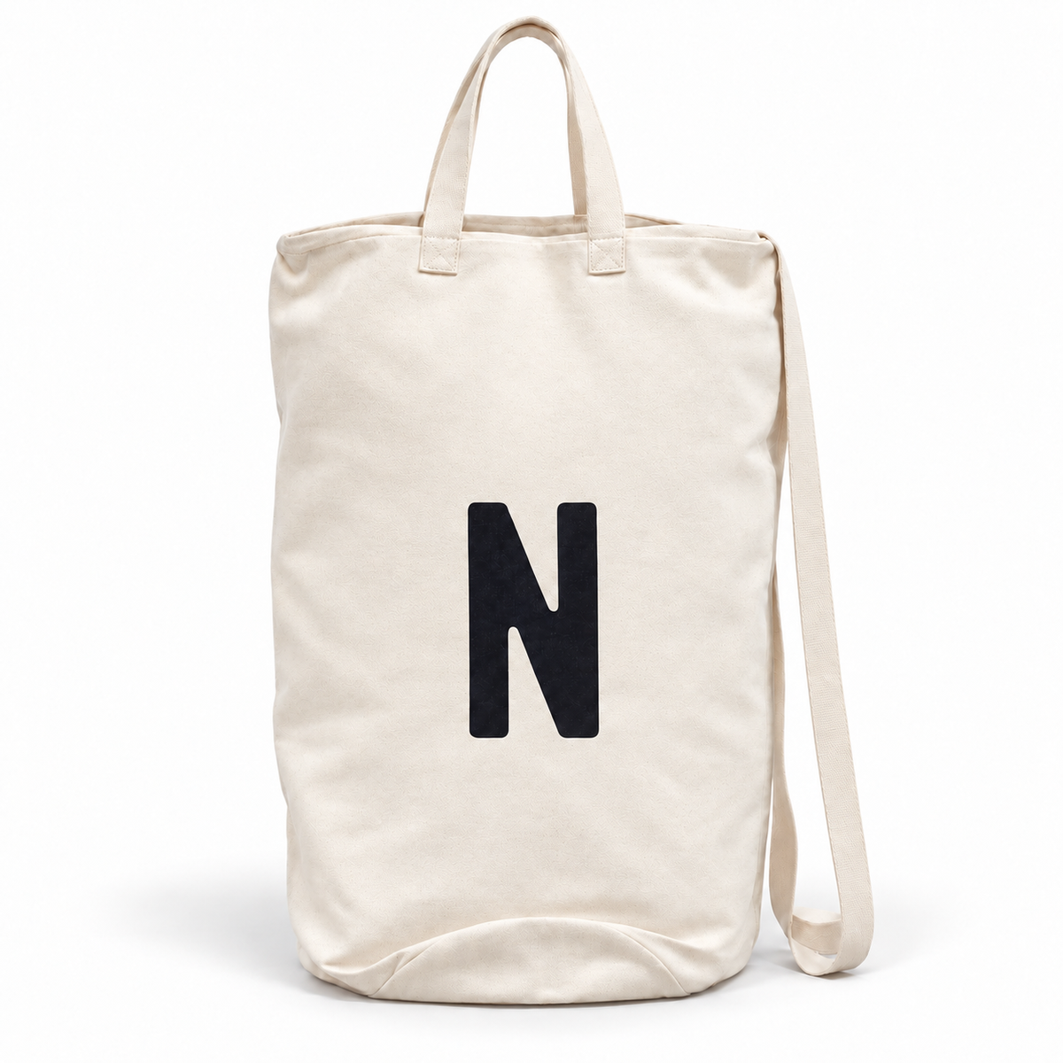 Modern Burlap initial canvas bag, letter N, front studio view