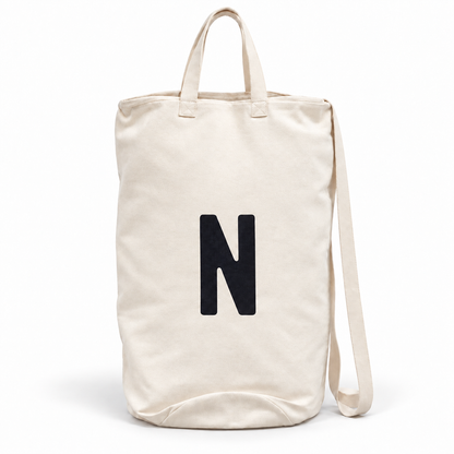 Modern Burlap initial canvas bag, letter N, front studio view